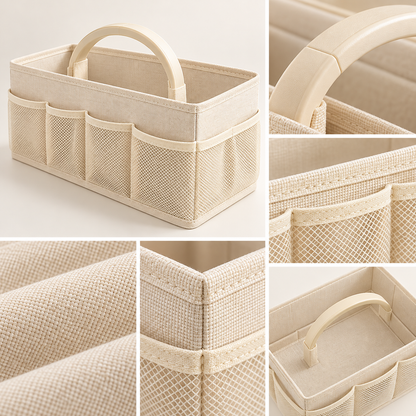 Beige Fabric Storage Organizer Caddy with Handle and Mesh Side Pockets