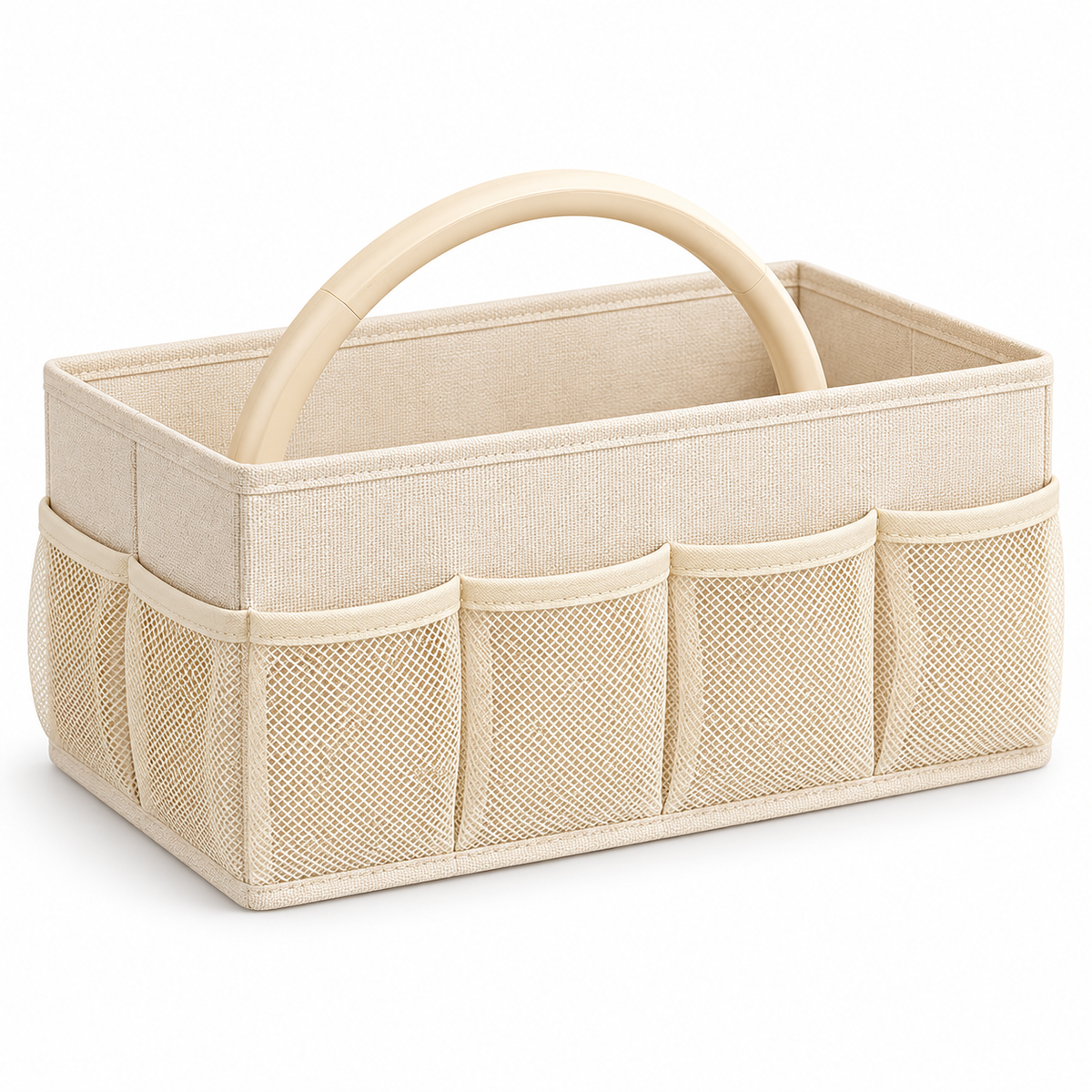 Beige Fabric Storage Organizer Caddy with Handle and Mesh Side Pockets