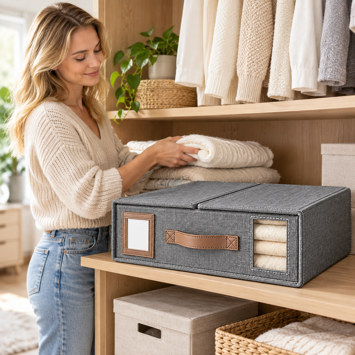 Fabric Storage Organizer Box with Lid, Front Handle, and Viewing Windows