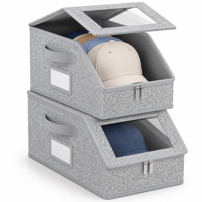 2-Pack Stackable Hat Storage Organizer Boxes with Clear Viewing Window