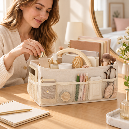 Beige Fabric Storage Organizer Caddy with Handle and Mesh Side Pockets