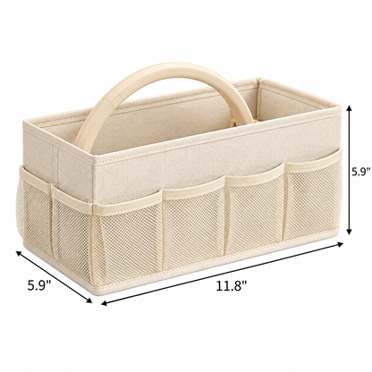 Beige Fabric Storage Organizer Caddy with Handle and Mesh Side Pockets